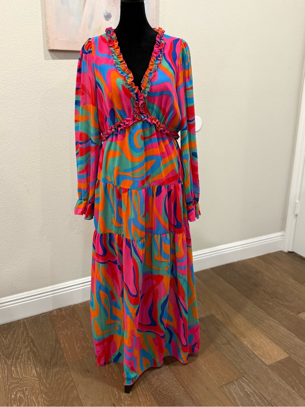 Ruffled V-Neck Maxi Dress in Pink Multi